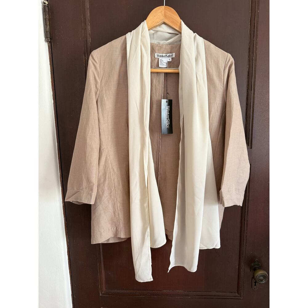 WINTERSILKS | Linen and Silk Tan and cream Drape Collar Overshirt Shacket Medium